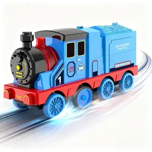 Transforming Engine Train Set for Kids & Toy Car Catapult, Back Folds Out to Secret Garage for Mini Cars, Shoot and Race Fun, Preschool Festival Train Gift Toys for Toddlers 3+ (Blue)