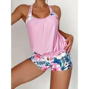 New Women's Tankini Set with Random Floral Printing Stylish Slimming Two-Piece Swimsuit for Beach Pool Leisure Vacations & Hot Spring Bathing Comfortable Swimwear KA-P392-14