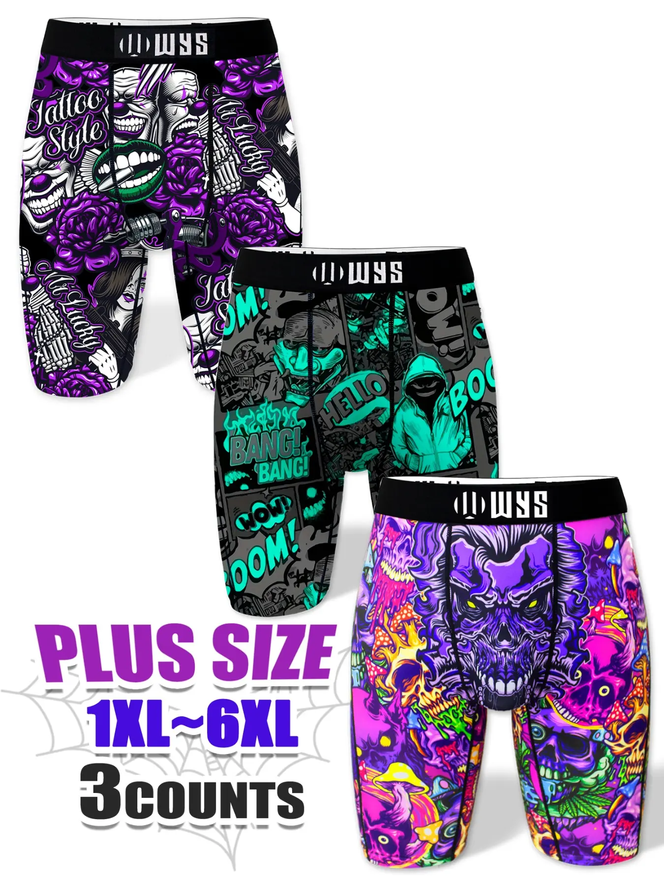 Men's Plus Size Long Briefs 1xl-6xl, Breathable Sports Underwear, Casual Style Underwear, Moisture Wicking, Halloween Rose Clown Print, Quick Dry, Elastic Comfort, Soft Breathable Briefs, Casual Fitted Briefs, All Season Briefs