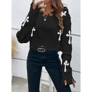 Women's Cross Pattern Frill Trim Ripped Sweater, Casual Drop Shoulder Long Sleeve V Neck Jumper for Daily Wear, Ladies Knitwear for All Seasons