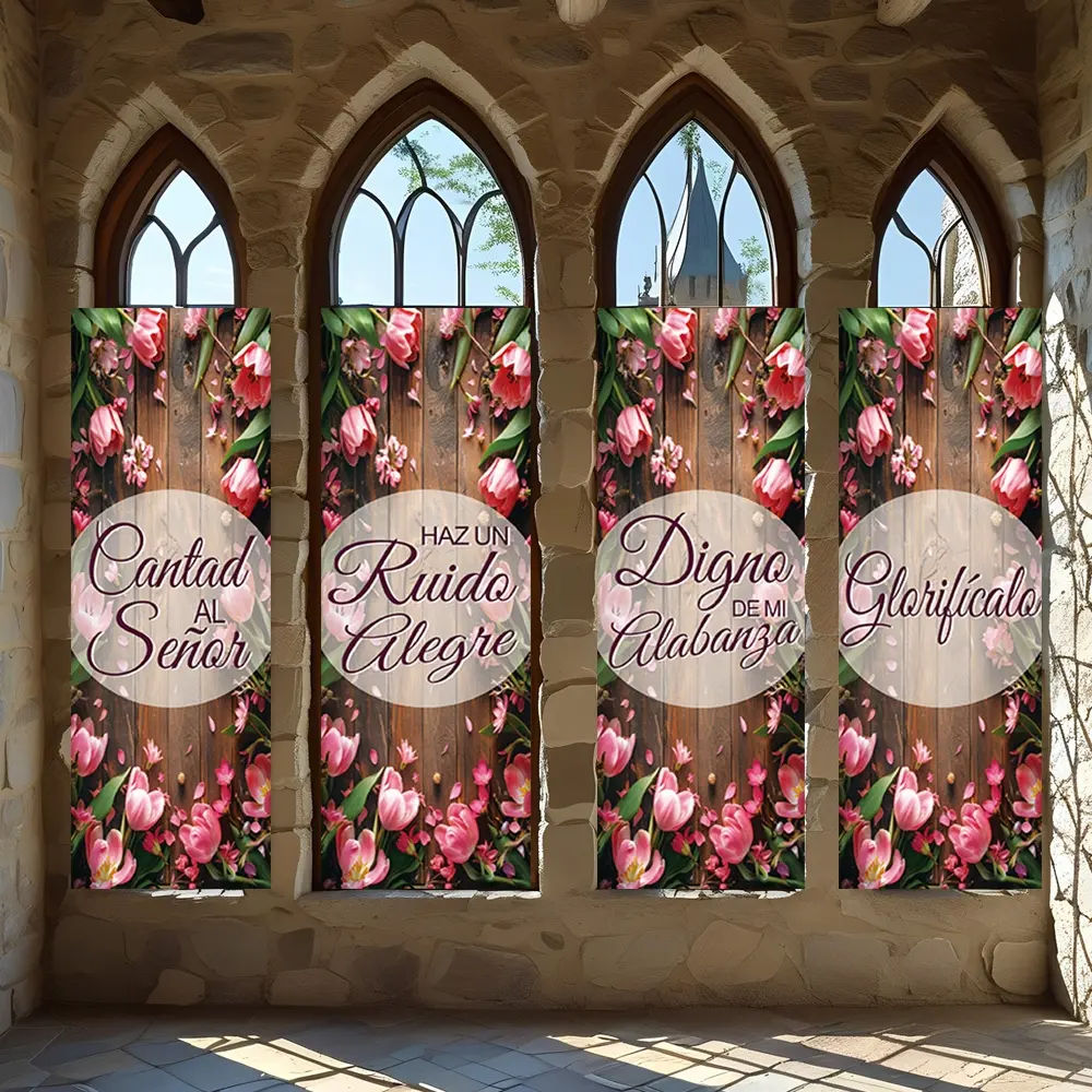 4 Pcs Religious Banners, Polyester Material Christian Vertical Hanging Banners Pink Tulip Wood Grain Religious Praise Slogan Suitable for Church Worship Activities Home Prayer Space Christian Holiday Scene Decoration