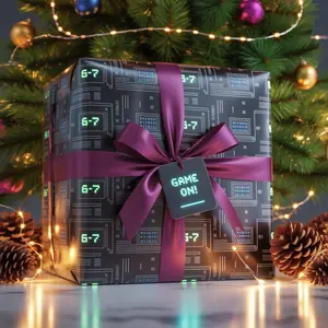 Gamer 6-7 Code Wrapping Paper Christmas, Futuristic Holiday Gift Wrap for Tech Fans and Gamers, Black Neon Colorful Gift Wrap
