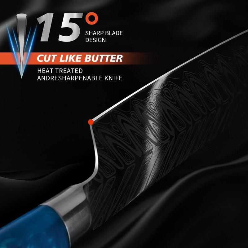 7-piece set - Blue Resin Damascus style Chef Knife Set - Professional grade knives, multifunctional knives, blue resin handle, high-end set, perfect for gift giving, one-stop solution for kitchen knife inconvenience, stunning appearance