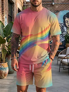 Streetwear-inspired men's two-piece set with a slight stretch: Summer gradient rainbow stripe print T-shirt + shorts—a versatile, breathable, Pride-themed casual set that's right on trend