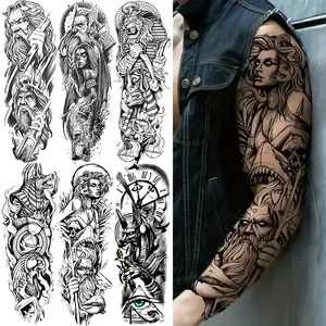 6 Sheets Full Arm Temporary Tattoo Stickers, Sea God Machine Dog Wolf Skull Shark Designs, Waterproof Realistic Body Art Tattoos for Men Women, Premium Tattoo Supplies