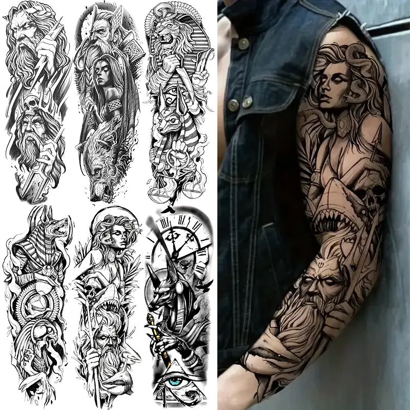 6 Sheets Full Arm Temporary Tattoo Stickers, Fake Tattoo Arm Sleeve Tattoos, Sea God Machine Dog Wolf Skull Shark Designs, Waterproof Realistic Body Art Tattoos for Men Women, Premium Tattoo Supplies