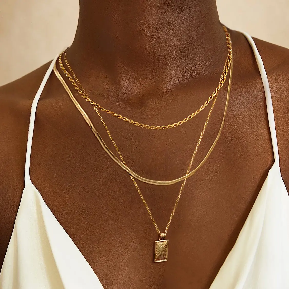 ASCOMY 14k Gold/Silver Plated Layered Necklace Set Snake Chain & Rope Chain Vintage Sunburst Square Pendant Trendy Jewelry for Women