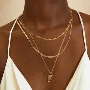 ASCOMY 14k Gold/Silver Plated Layered Necklace Set Snake Chain & Rope Chain Vintage Sunburst Square Pendant Trendy Jewelry for Women