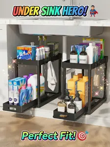 2 Pack Under Sink Organizers and Storage, 2-Tier Sliding Cabinet Basket Organizer with Hooks, Multi-Purpose Under Sink Organizers and Storage for Bathroom Kitchen