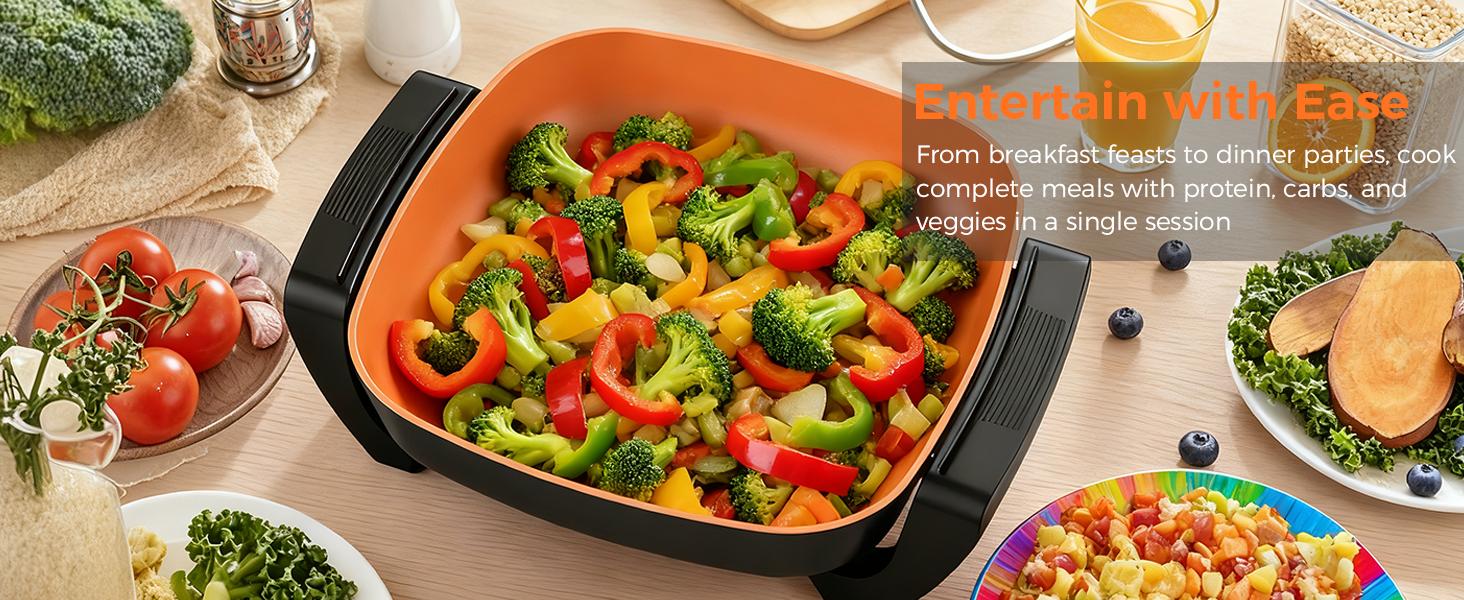 OSTBA Electric Skillet and Frying Pan with Glass Lid, 12"x12" Copper Nonstick Electric Pan for Cooking, 1500W Power, Cool Touch Handles, Adjustable Temperature, PTFE & PFOA Free