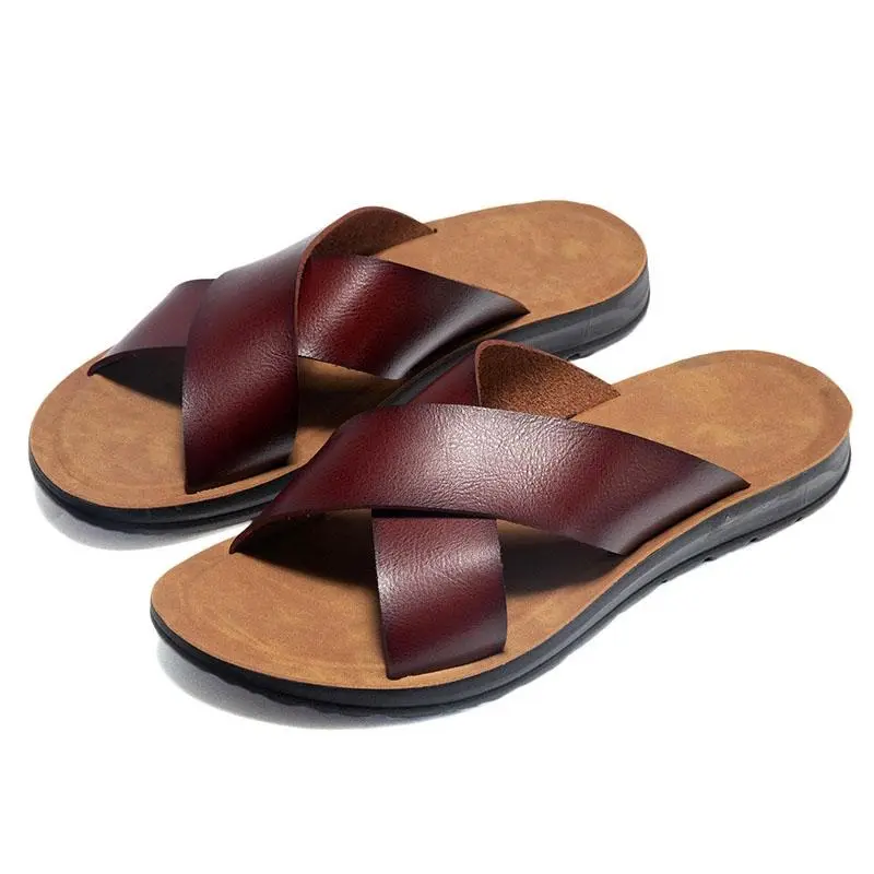 Fashion Trend Lightweight Men's Leather Cross Sandals Genuine Leather for All Day Comfort - Closed Toe, Beach-Ready | Grandpa Slipper - Summer Sandals