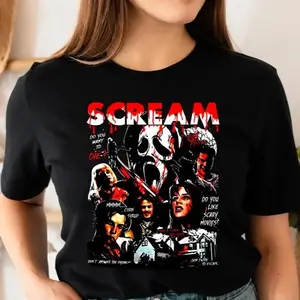 HORROR MOVIE T SHIRTS Halloween shirts scream ghostface Woodsboro Micheal Meyers Beetlejuice Chucky Cotton Cotton Slim-fitting, Summerween Womenswear Comfort Basic Underwear Women Lady Streetwear Printed Top Check Unisex Tshirt Casual Crewneck Round Neck