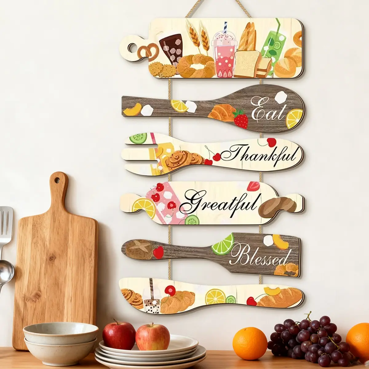 Wooden Decorative Wall Decor Set, Cartoon Food Patterns, Eat Thankful Grateful Blessed Slogan, Kitchen Dining Room Decoration, Home Gift, Modern Wall Decor