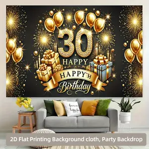 1pc Golden Birthday Backdrop with Happy Birthday Text - Elegant Golden & Black Party Decorations for 30th Birthday, Anniversary, Wedding - No Electricity Needed Photo Booth Background - Durable Polyester Fabric Banner for Indoor/Outdoor Events, Birthday