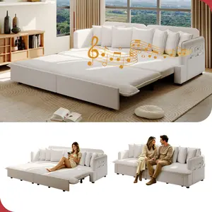 Aobtkel®81.8 " Pull Out Sofa Bed, 3-in-1 Corduroy Multifunctional Sleeper Sofa with Bluetooth Speakers, USB Ports, Multiple Pillows and Side Pockets,  for Apartment, Living Room,Office, Beige&White