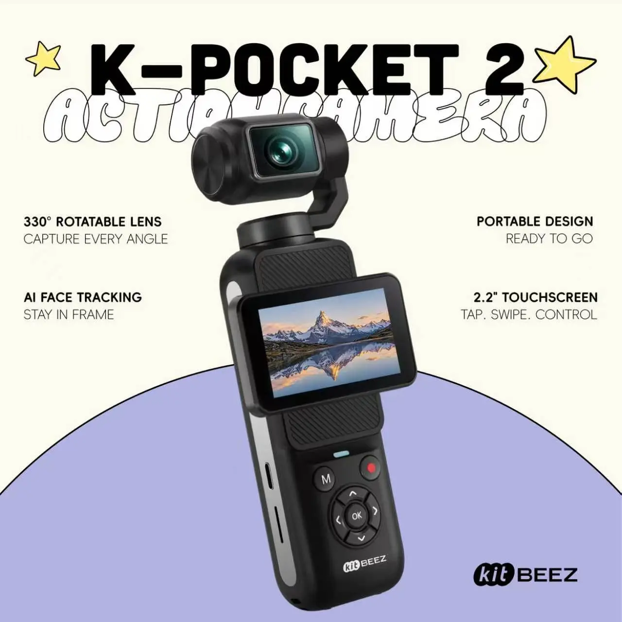 KITBEEZ K-POCKET 2 5K Vlogging Camera, 2-Axis Gimbal + EIS Dual Stabilization, AI Face Tracking, 330° Rotating Lens + 120° Tilt, 2.2" Rotatable IPS Touchscreen, Wi-Fi App Control, 1550mAh Removable Battery