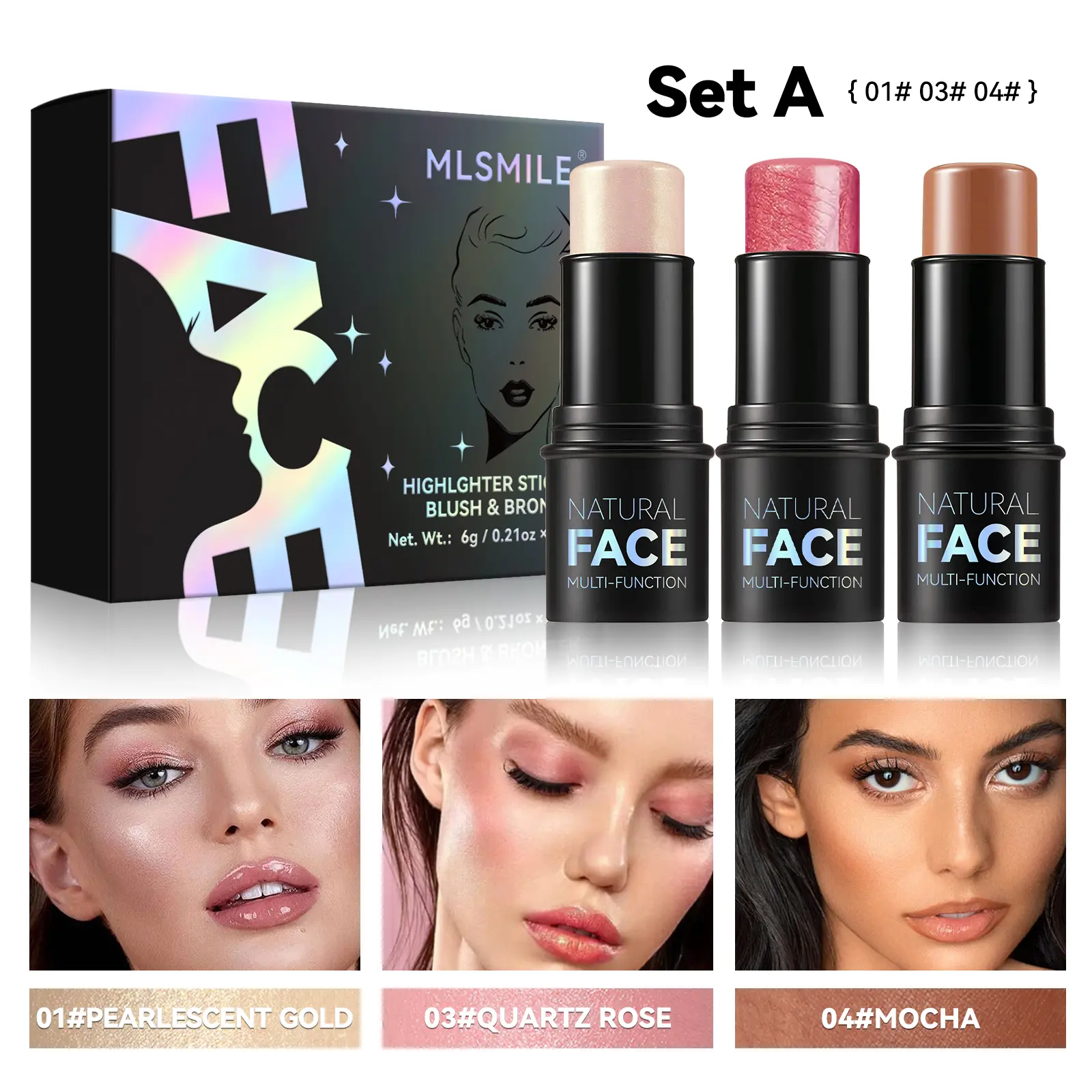 Makeup Highlight-Contour Stick Set with Concealer & BlushStick, 3 Matte Natural Shades, Sculpts Slimmer Face Shape