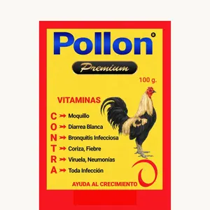 “Pollon Plus, a supplement that helps improve the condition of poultry such as hens, roosters, chicks, and many more, ensuring a better mood and healthy, clean development. 100-gram package.