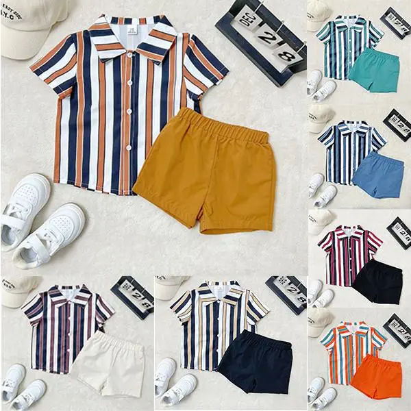 Ready Stock 3-7Y Baby Boys OOTD Stripe Turn-down Collar Summer Tops Shorts 2Pcs Clothes Set 112211046