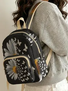 1 piece of daisy and butterfly pattern 2D printed lady's backpack, Backpack for School, velvet texture + layered storage + light weight reduction | perfect for students to go to class/shopping/short trips | combines atmosphere with practicality