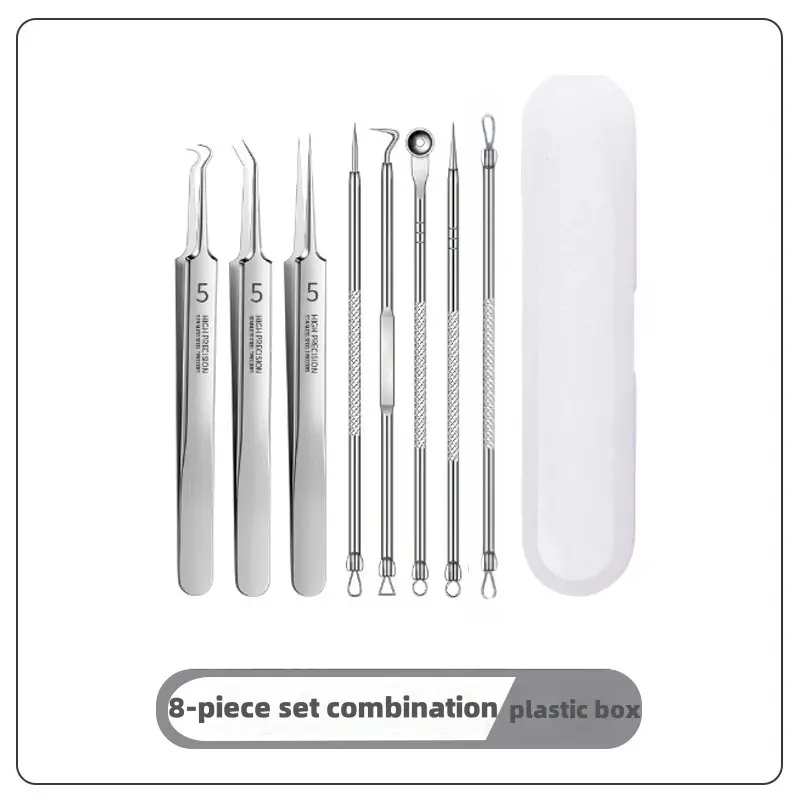 8-Piece Silver Facial Blackhead Remover Set with Storage Box - Quick, Easy Removal for Nose, Face, Forehead Acne, Pimples, Remove Blackheads, Acne Care, Stainless Steel