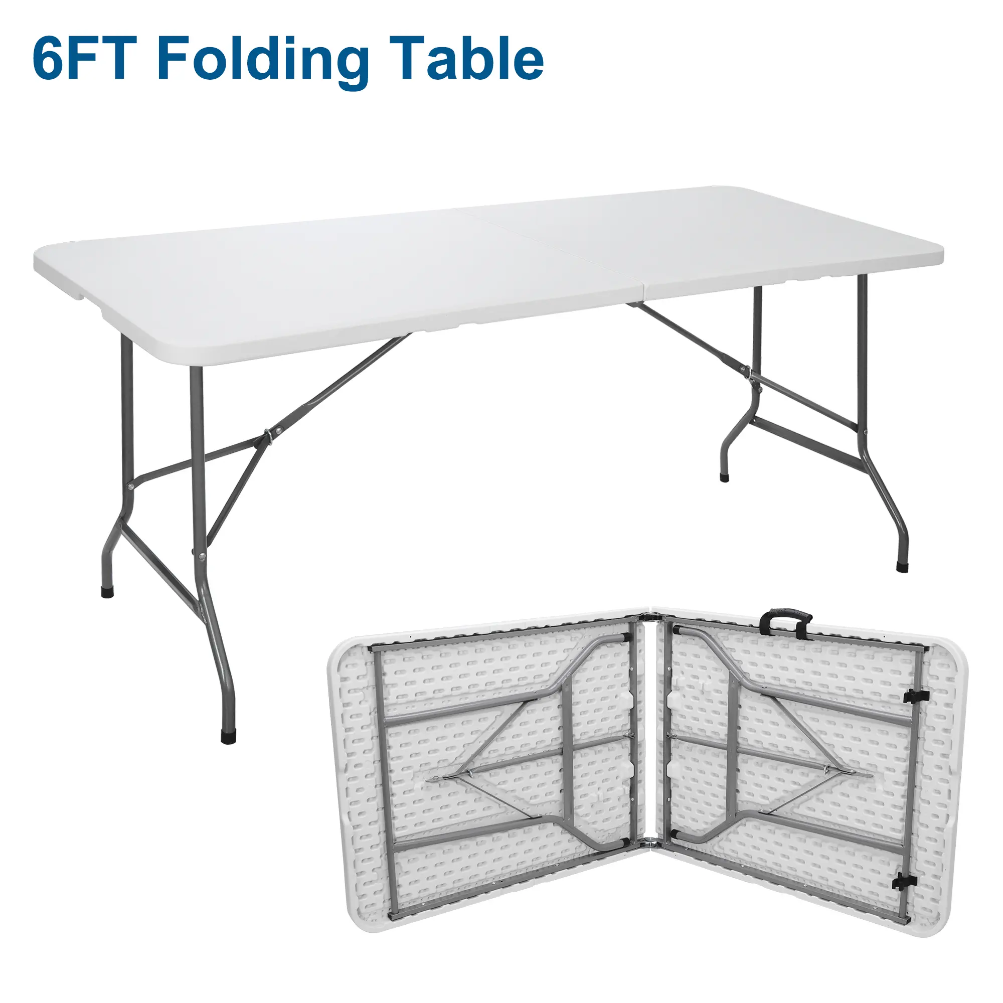 ZENY 6FT Heavy-Duty Plastic Portable Folding Table with Steel Legs, Braces, Easy-Fold Design, Honeycomb Back, Compact Storage Handle, Seats 6-8 Adults, Outdoor Patio Furniture, Indoor-Outdoor Picnic Tables, White