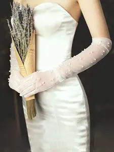 Handmade Pearl Long Fingerless Wedding Gloves, Bridal Mesh Mitts, Thin Lace Bride Accessories for Weddings, Thin Netting