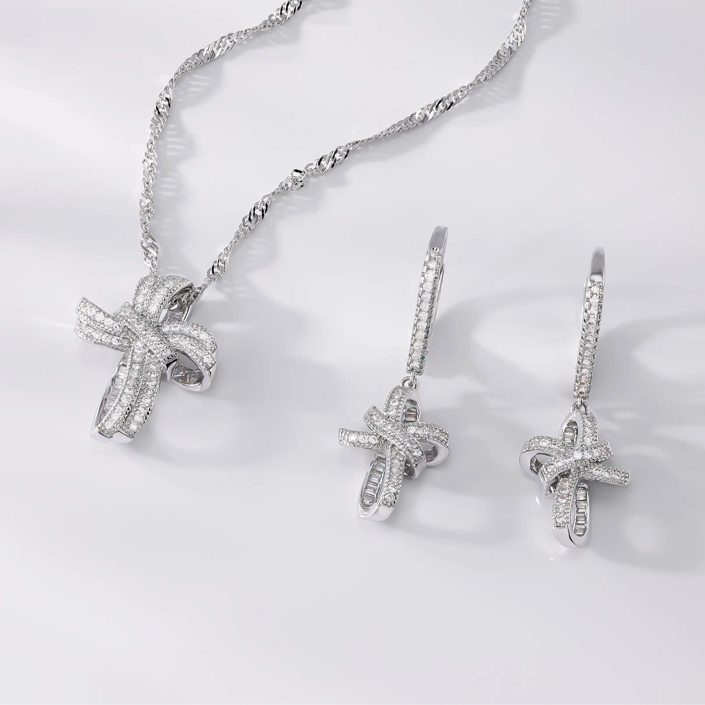JTV White Cubic Zirconia Rhodium Over Brass Cross Earrings and Pendant Set 1.48ctw JTV White Cubic Zirconia Rhodium Over Brass Cross Earrings and Pendant Set 1.48ctw