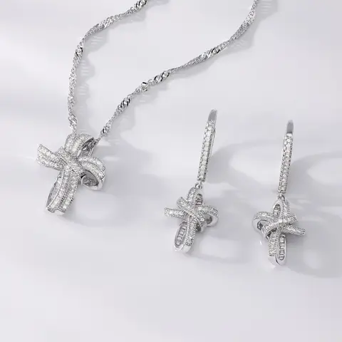 JTV Women's Elegant Matching 1.48ctw White Cubic Zirconia Baguette Rhodium-Over-Brass Cross Earrings & Pendant Jewelry Set, 18" Chain + Extender, Daily Wear Costume Accessory
