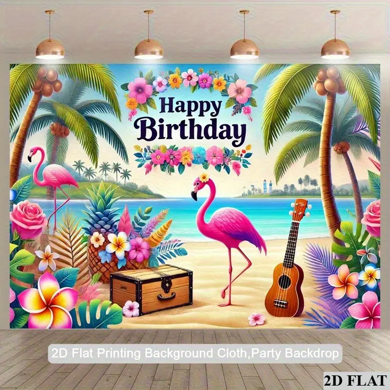 2D Flat, 1pc Tropical Beach Birthday Backdrop - Hawaiian Party Decoration with Flamingos, Palm Trees, Hibiscus Flowers, and "Happy Birthday" Text - Lightweight Polyester Fabric Photo Booth Background for Indoor/Outdoor Birthday Banners Ornaments