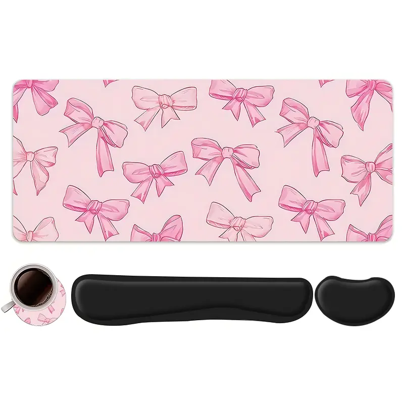 4pcs Kawaii Pink Bow Design Mouse Pad + Keyboard Wrist Rest + Ergonomic Mouse Pad + Coaster Set For Desktop Decoration, Office Accessories Set Ergonomic Wrist Support, Computer Mat Mouse Pad Coaster Suitable For Home Office Gaming Gaming Mouse Pads