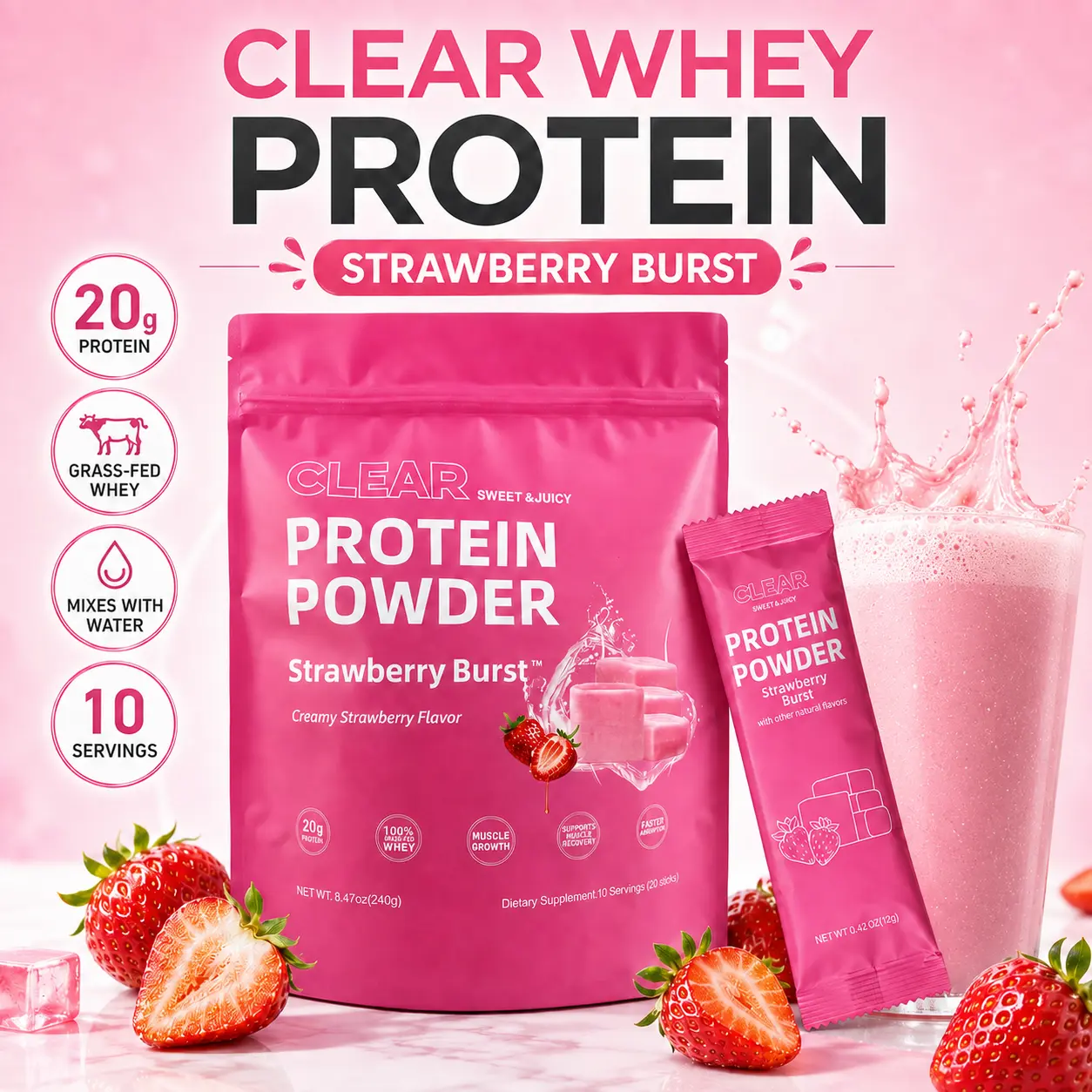 Strawberry Burst Clear Protein Powder with 20g Protein Per Serving, Grass-Fed Whey Isolate, Fast-Absorbing Muscle Recovery Drink Mix, Light Fruity Creamy Strawberry Flavor, 10 Servings