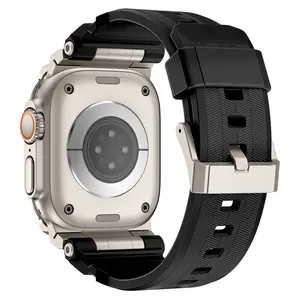 CrazyGrass  Mecha Band for 44-49mm Square Smartwatches Matte Black Stealth Military Silicone Raised Guard Anti-Scratch 316L Stainless Steel Hardware Wearable [watch not included]