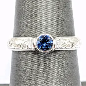 Blue Cathedral Ring Sterling Silver Engraved Shank Bezel Set Lab blue Sapphire Size 7 Handmade
