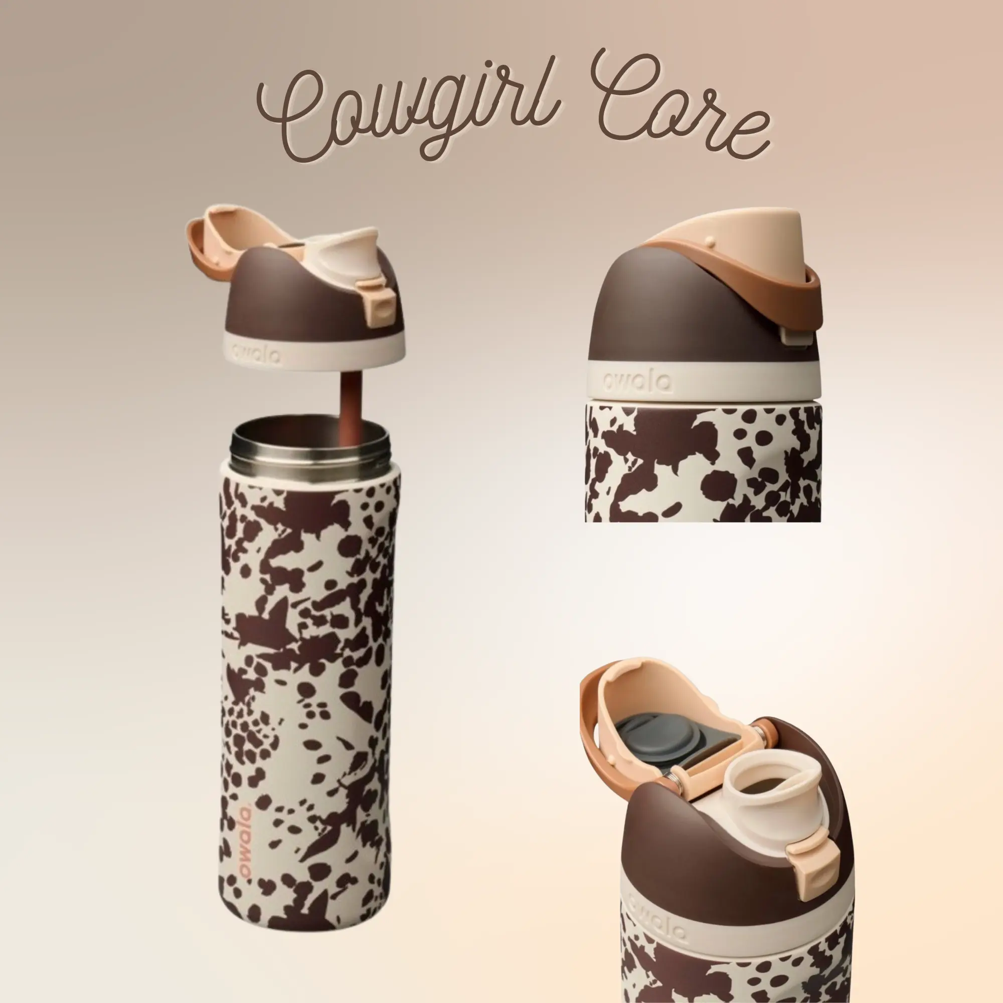 Owala FreeSip Cowgirl Core Insulated Stainless Steel Water Bottle with Straw, Cow Print 32oz Triple Layer Vacuum Tumbler, Leak-Proof Sports Flask, Dad's Gift, Mom's Gift, Gift For Her