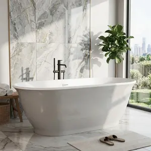 🛁 59"/67" Freestanding Oval Soaking Tub – Acrylic White Bathtub with Push Drain – Compact Modern Spa Bath for Bathroom Renovation! ✨