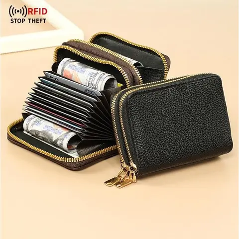 Women's RFID Blocking PU Card Organizer - Slim Pocket Fit Minimalist Foldable Soft Faux Leather Zipper Case with Multiple Slits, ID Window, Debit Card Covers, Cash Slot for Coins, Casual Use Spring Essential Everyday Carry Wallet