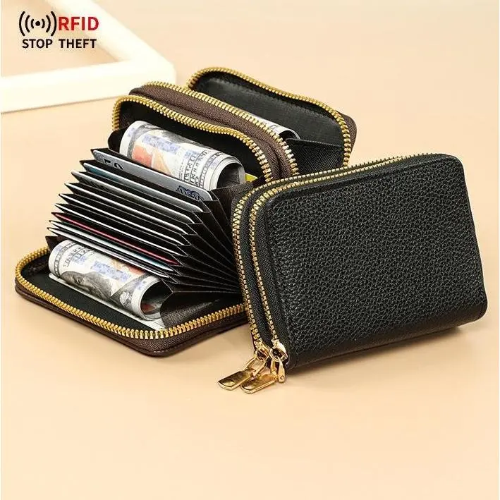 Women's RFID Blocking PU Card Organizer - Slim Pocket Fit Minimalist Foldable Soft Faux Leather Zipper Case with Multiple Slits, ID Window, Debit Card Covers, Cash Slot for Coins, Casual Use Spring Essential Everyday Carry Wallet