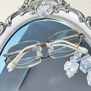 Elegant Rimless Reading Glasses for Women, Anti-Blue Light, Ultra-Lightweight Hexagonal Frame, Clear Lens with Golden-Tone Metalwork, Stylish Design for Middle-Aged & Elderly, Reading Eyewear | Sophisticated Design | Mixed Material Frame  Eyeglasses