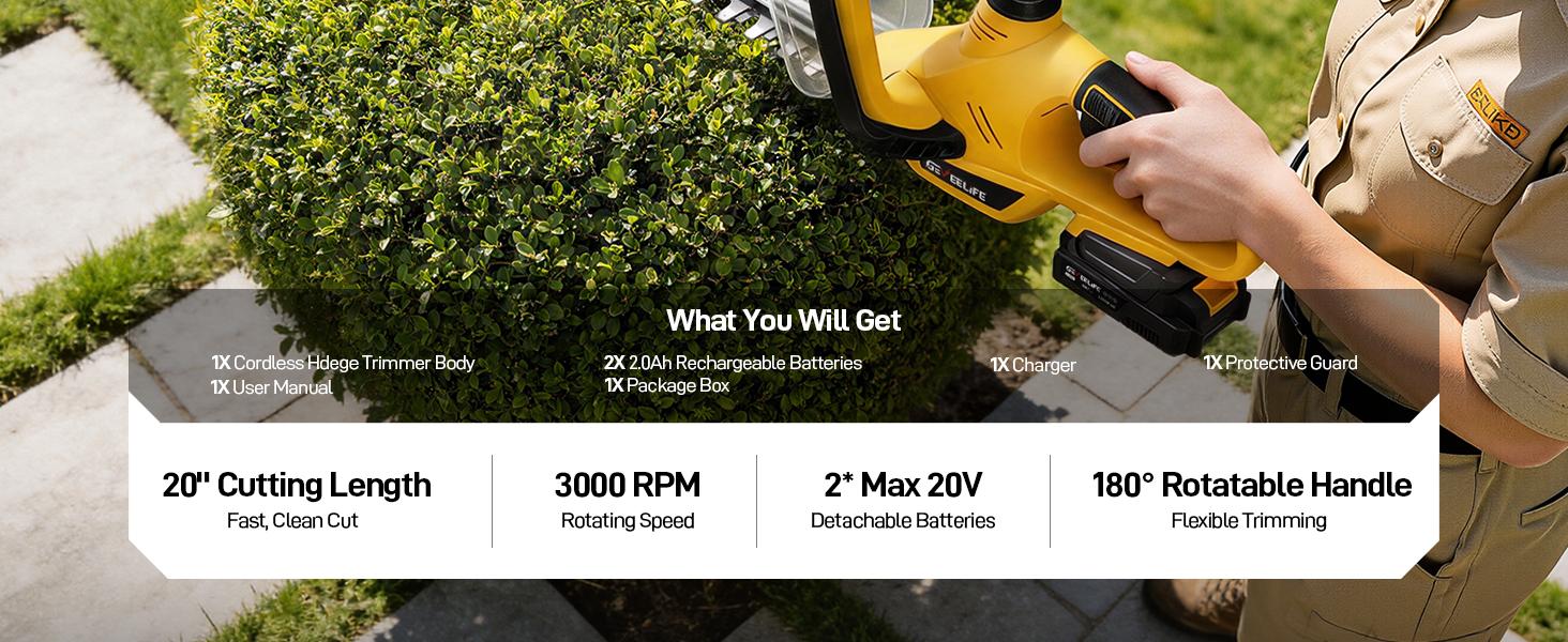 GEVEELIFE 20'' Hedge Trimmer Cordless, 3000RPM Electric Bush Trimmer with Dual-Action Blade, 180° Rotatable Handle & 5/8'' Blade Gap, 2×2.0Ah Battery Powered Hedge Trimmer for Garden Yard GEVEELIFE 20'' Hedge Trimmer Cordless, 3000RPM Electric Bush Trimmer with Dual-Action Blade, 180° Rotatable Handle & 5/8'' Blade Gap, 2×2.0Ah Battery Powered Hedge Trimmer for Garden Yard