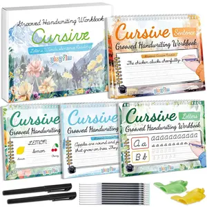4 Pack Grooved Cursive Handwriting Workbook Kit Magic Reusable Grooved Handwriting Practice with Disappearing Ink Pens Cursive Kickoff Student Workbook for Kids Words Letters Sentences Reading