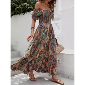 Women'S Summer Bohemian Off Shoulder Wrapped Chest Beach Dress with Printed Dress, Casual Vacation Long Style Big Swing Dress Fabric Polyester