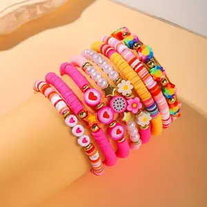 8pcs Sweet and Cute Floral Heart-themed Pink Multi-layer Stackable Polymer Clay Bracelet Set for Women, Perfect for Valentine's Day, Music Festivals, and Parties