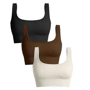 Womens Crop Tank Tops Basic Seamless Ribbed Sleeveless Square Neck Workout Top Summer Exercise Yoga Gym Shirts