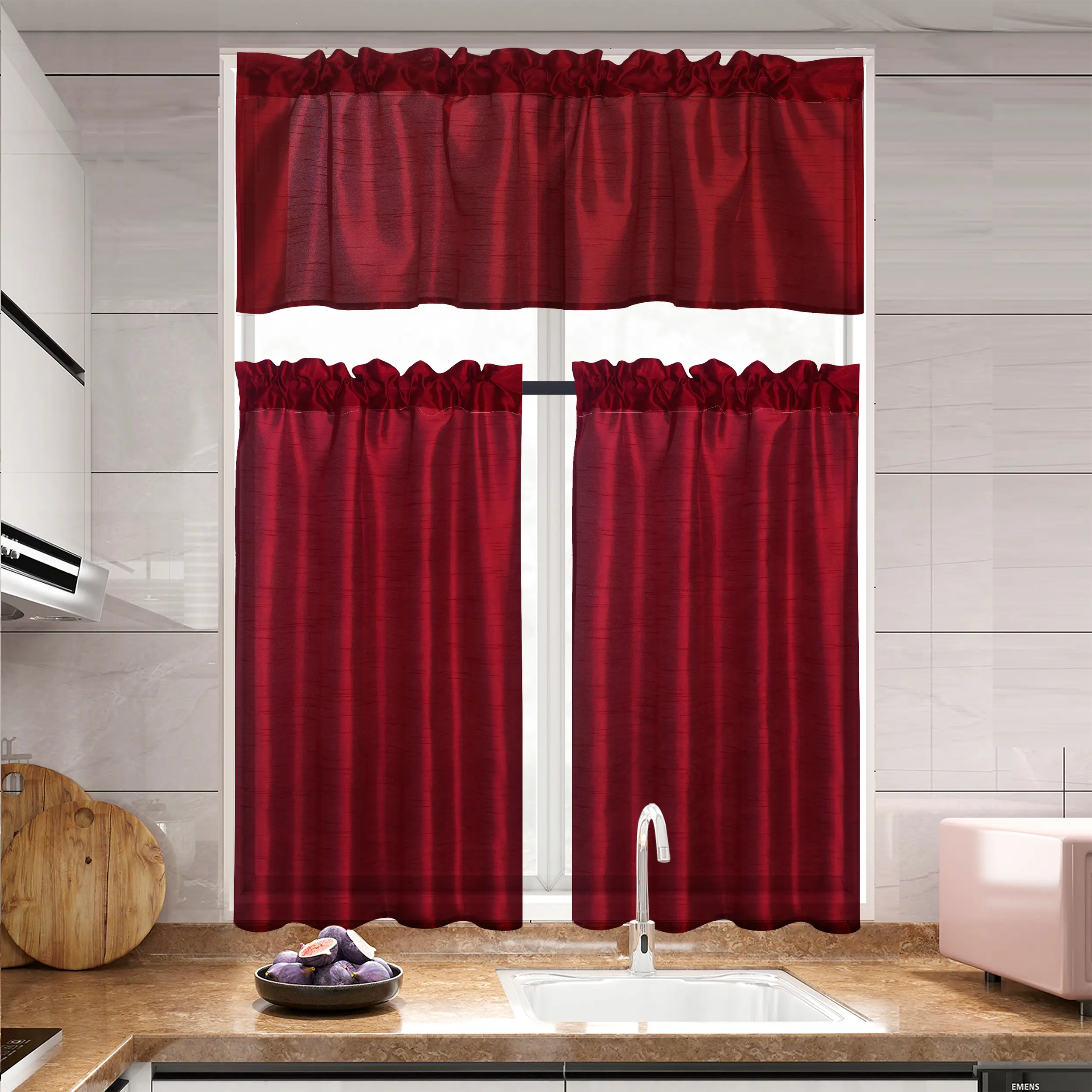 Traditional 3-Panel Red Rod Pocket Faux Silk Sheer Window Curtains Bedroom Set - 2 Tiers (26x36in Each), 1 Valance (52x14in), Machine Washable, Do Not Bleach - for Kitchen, Bathroom
