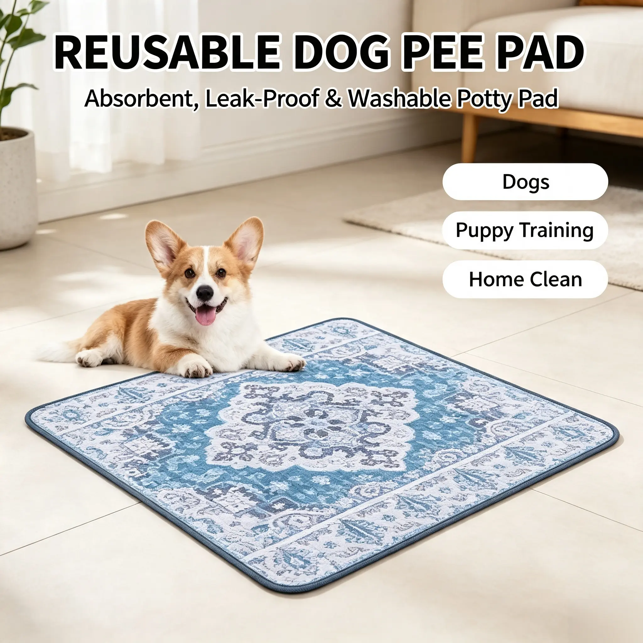 Vintage Pattern Reusable Dog Pee Pad - Washable, Absorbent Multi-Layer Fabric Pet Training Mat with Reusability, Leakproof, Non-Slip for Puppies, Mess-Free Indoor Room & House Decor, Car Use