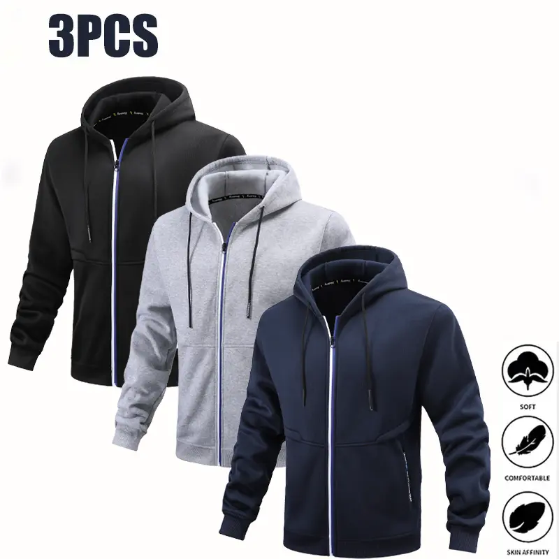 3-pack men’s full-zip hooded jackets, casual zip-up hoodies, long-sleeve drawstring hooded outerwear with zippered pockets—everyday lightweight streetwear for outdoor wear