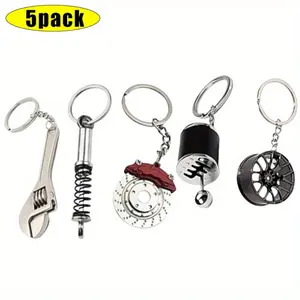 5Pcs Car Parts Model Key Chains - Sliver Turbo, Black Manual Gearbox, Tire Rim, Black Brake Rotor, Sliver Spanner Shock-absorber Keychains