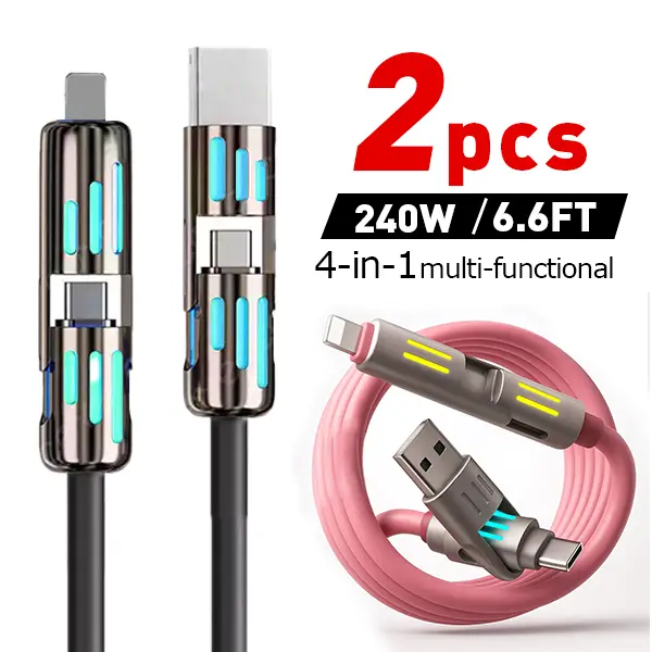 240W Super Fast Charging 2-in-2 Data Cable with 7-Color Breathing Light - Multi-Functional for Mobile Phones & Car Use, Type-C Charger Cable, Multifunctional Charging Cable Electronic Cellphone portable charger