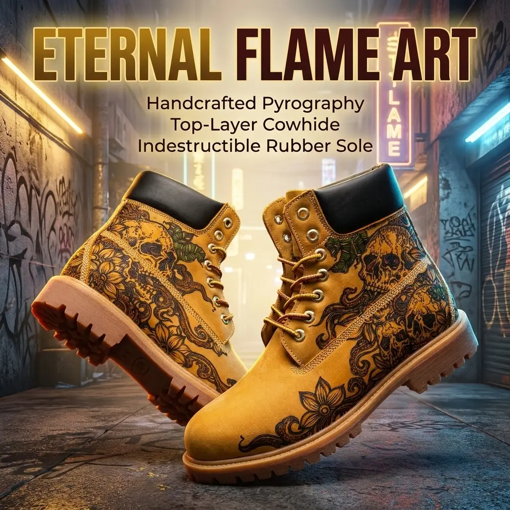 Handmade wood burning design, colorfast. Customizable patterns! Thick-soled leather upper, sturdy motorcycle boots, hiking boots. Street fashion trend: denim boots. Each pattern is unique. Men